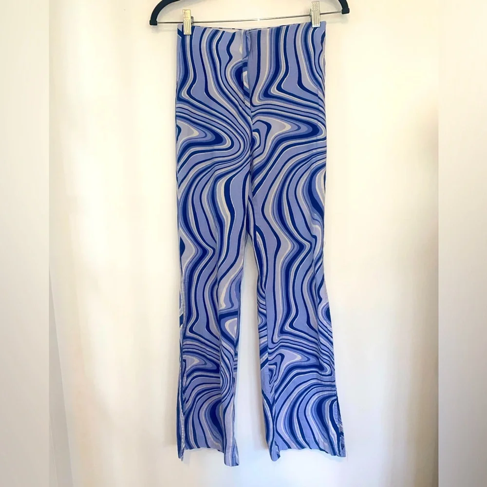 Zara Blue & White Psychedelics Swirl Flare Linen Pants, sz Small